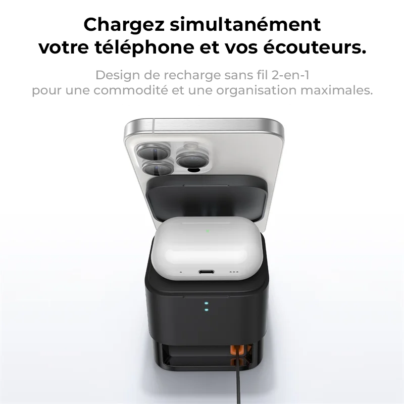 NOVAPOD Chargeur 2 en 1 sans fil, magnétique avec support 15W Station de recharge rapide avec câble rétractable pour iPhone et AirPod